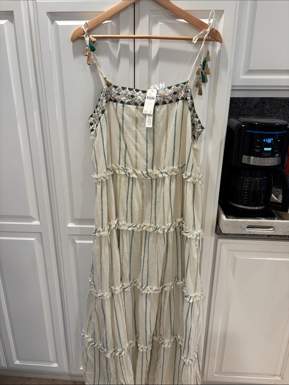 Anthropologie Ranna Gill Safa  Maxi Dress with Green Stripe and Embroidered sz l